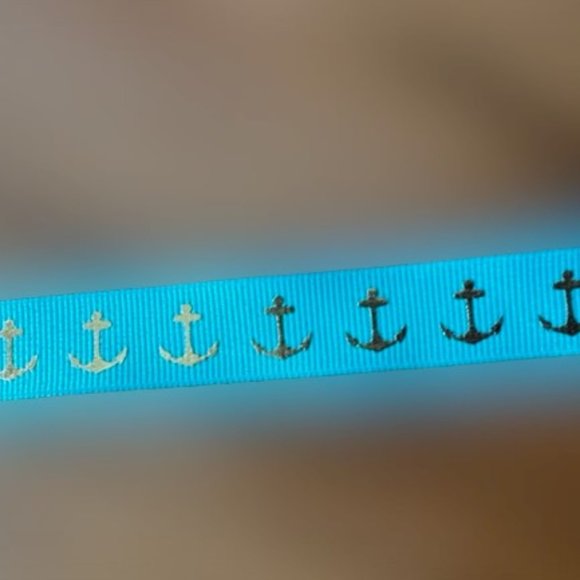 Teal Grosgrain Ribbon with Gold Anchors  ****ALL RIBBONS BUY 2 GET 1 FREE DEAL** - Picture 1 of 2